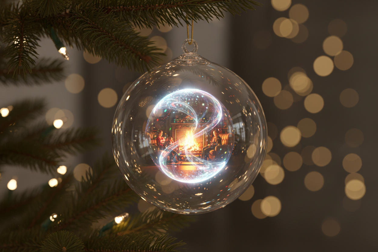 Crear una imagen hiperrealista de una esfera digital 3D tipo ‘memory sphere’, transparente y con acabado de cristal brillante, colgando de una rama de árbol de Navidad. Dentro de la esfera debe verse una imagen holográfica con efecto 3D profundo. La iluminación debe ser cálida, con luces navideñas en bokeh alrededor, fondo oscuro estilo cozy para resaltar el brillo. Reflejos realistas en la superficie, sombras suaves, estética premium y emocional, calidad de anuncio profesional.”