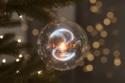 Crear una imagen hiperrealista de una esfera digital 3D tipo ‘memory sphere’, transparente y con acabado de cristal brillante, colgando de una rama de árbol de Navidad. Dentro de la esfera debe verse una imagen holográfica con efecto 3D profundo. La iluminación debe ser cálida, con luces navideñas en bokeh alrededor, fondo oscuro estilo cozy para resaltar el brillo. Reflejos realistas en la superficie, sombras suaves, estética premium y emocional, calidad de anuncio profesional.”