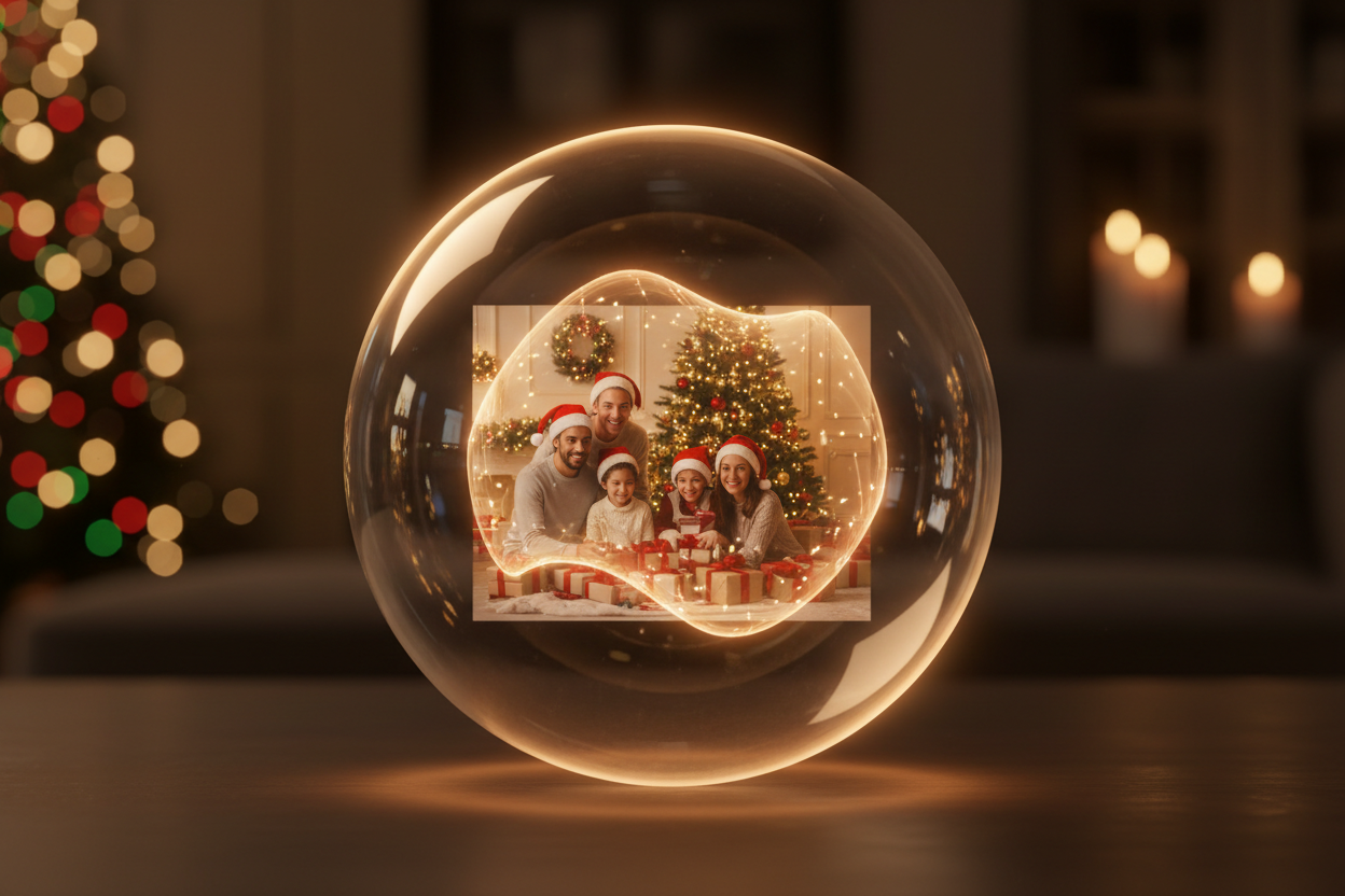 Esfera digital 3D transparente tipo memory sphere, con foto holográfica en su interior. Iluminación cálida, reflejos suaves, brillo sutil alrededor. Fondo oscuro y acogedor con luces bokeh. Estética emocional, navideña y premium.