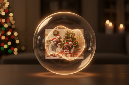 Esfera digital 3D transparente tipo memory sphere, con foto holográfica en su interior. Iluminación cálida, reflejos suaves, brillo sutil alrededor. Fondo oscuro y acogedor con luces bokeh. Estética emocional, navideña y premium.